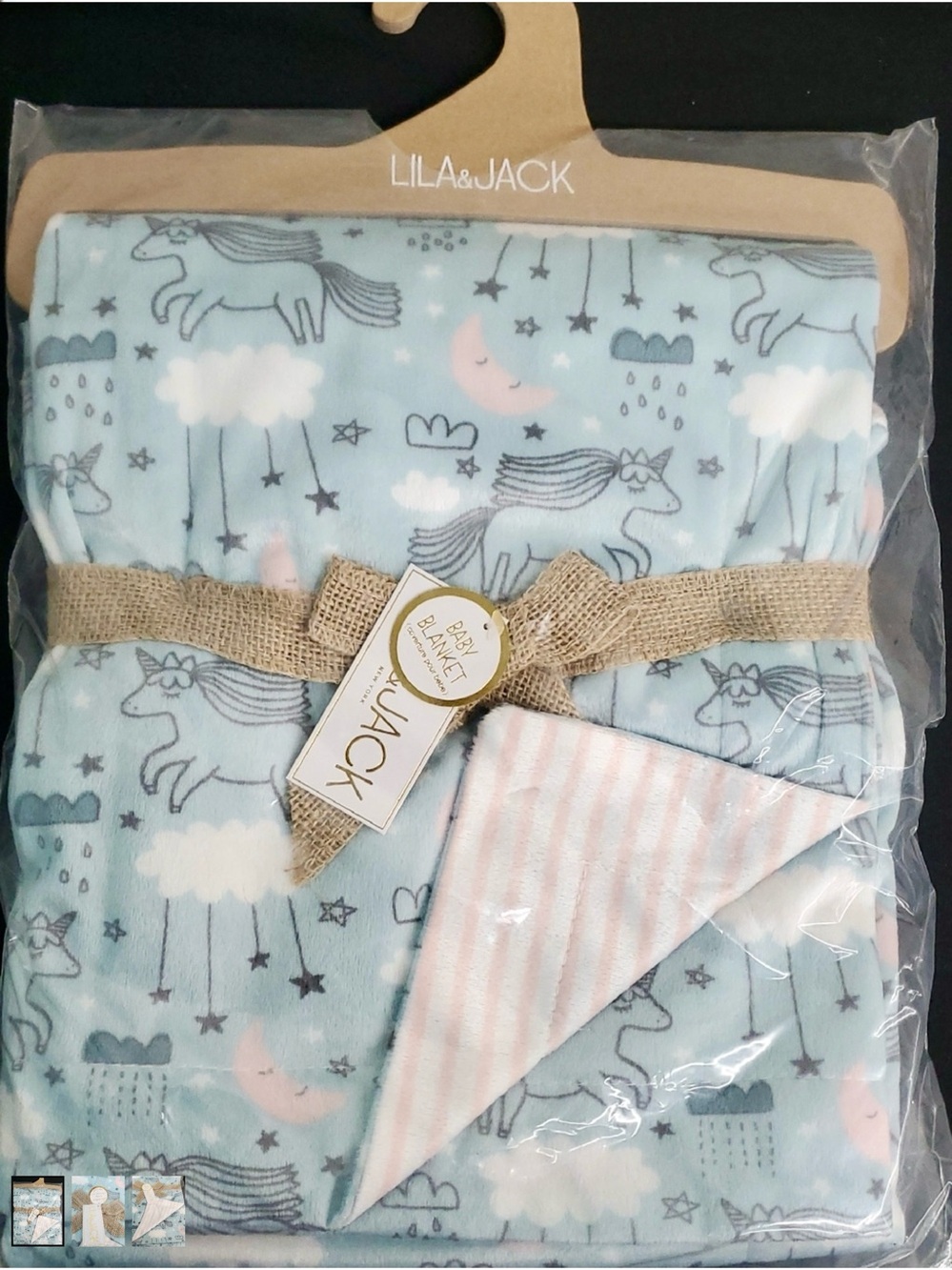 Lila & Jack Reversible Celestial Unicorn & Striped Baby Blanket 30x40 Plush NWT